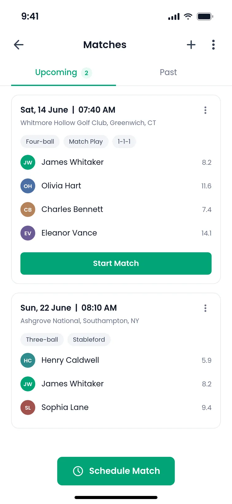 Upcoming matches with players, format and a Start Match button
